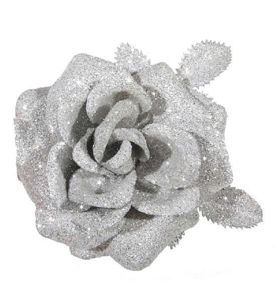 Vánoční ozdoba růže Shishi na klipu stříbrná 8cm