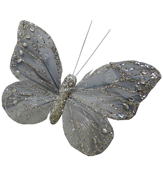 Vánoční ozdoba motýl na klip Stardeco  stříbrný 9x13,5 cm