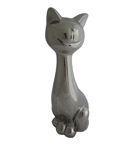 Dekorační soška kočka Stardeco stříbrná keramika 34x13,5 cm