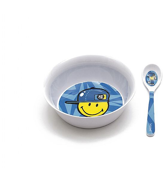 Snídaňový set Zak Designs Smiley se lžičkou kluk modrá plast 14x4,5 cm