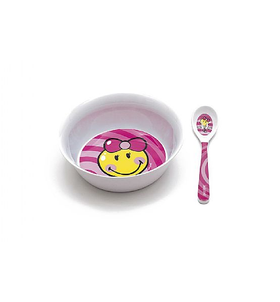 Snídaňový set Zak Designs Smiley se lžičkou holka růžová 14x4,5 cm