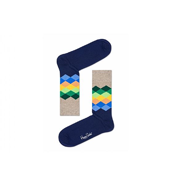 Modro-béžové ponožky Happy Socks s barevnými kosočtverci, vzor Faded Diamond-M- L (41-46)