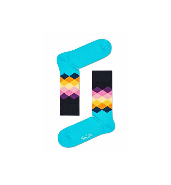 Tyrkysovo-černé ponožky Happy Socks s barevnými kosočtverci, vzor Faded Diamond-M-L(41-46