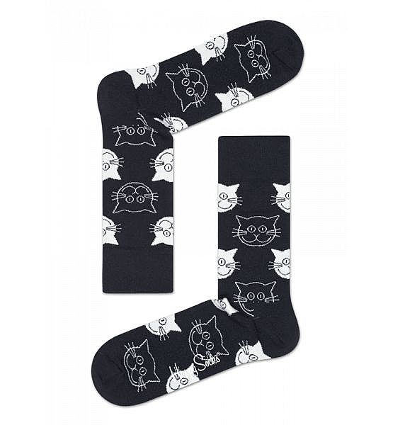 Černé ponožky Happy Socks s bílými kočkami, vzor Cat - S-M (36-40)