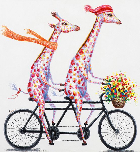 Obraz Maxidesign žirafy na jízdním kole 100x100cm