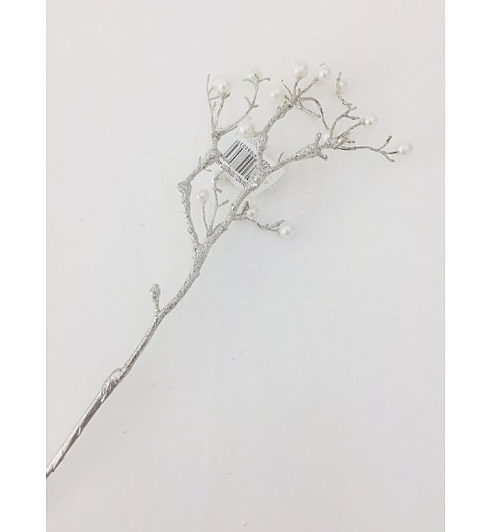 Umělá zimní větvička s perličkami GASPER, 42 cm, bílá