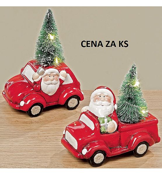 Vánoční dekorace LED svítící auto SANTA na baterie BOLTZE polyresin výška 10cm (cena za ks)