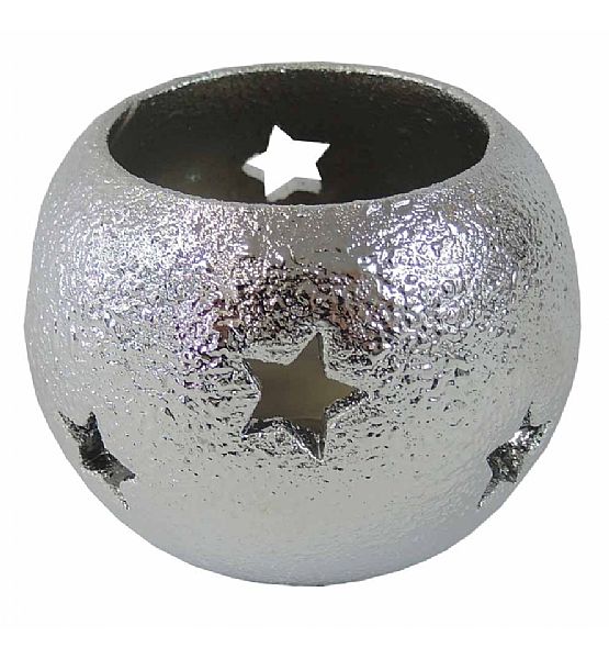 Keramický svícen Stardeco stříbrný strukturovaný lak, výška 6cm, průměr 8cm