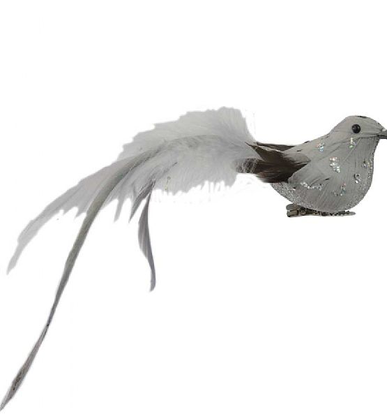 Vánoční ozdoba ptáček na klipu Stardeco stříbrný, délka 20 cm, výška 5 cm