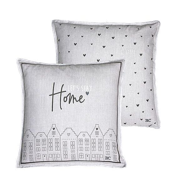 Polštář Bastion Collections 50x50 cm šedý s černým nápisem Home a srdíčky