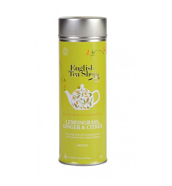 Bio čaj English Tea Shop 15 pyramidek v dárkové plechovce - CITRONOVÁ TRÁVA, ZÁZVOR A CITRUSY