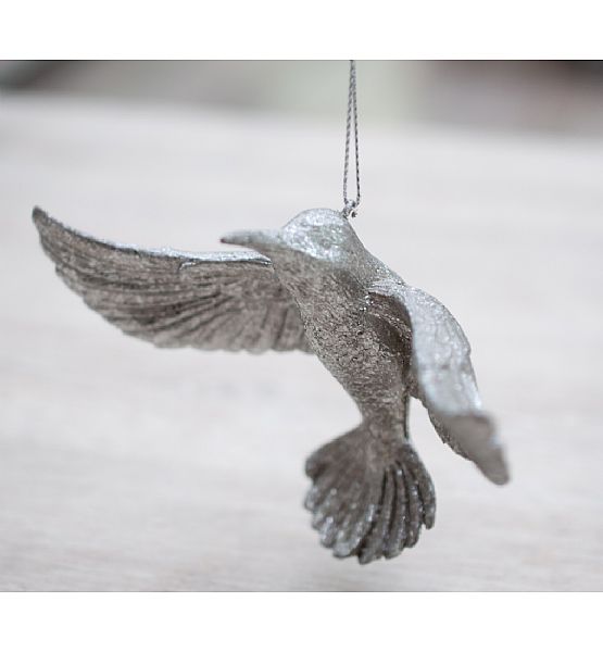 Vánoční ozdoba na zavěšení kolibřík na zavěšení stříbrný plast 9,5x13x5 cm