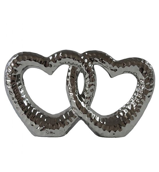 Keramická dekorace propletená srdce -stříbrná strukturovaná 16x28 cm