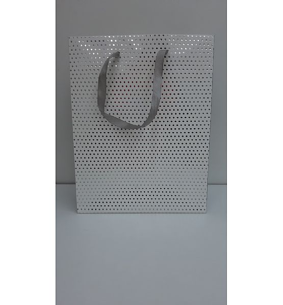 Dárková taška velká 12x30x40cm bílá, stříbrný puntík (cena za ks)