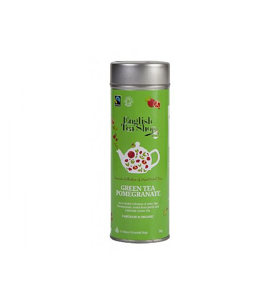 Bio čaj English Tea Shop 15 pyramidek v dárkové plechovce - Zelený čaj s granátovým jablkem