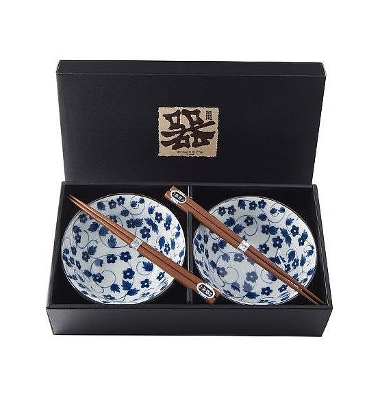 Set misek s hůlkami Made in Japan Blue & white 4 ks, 500ml, keramika, handmade