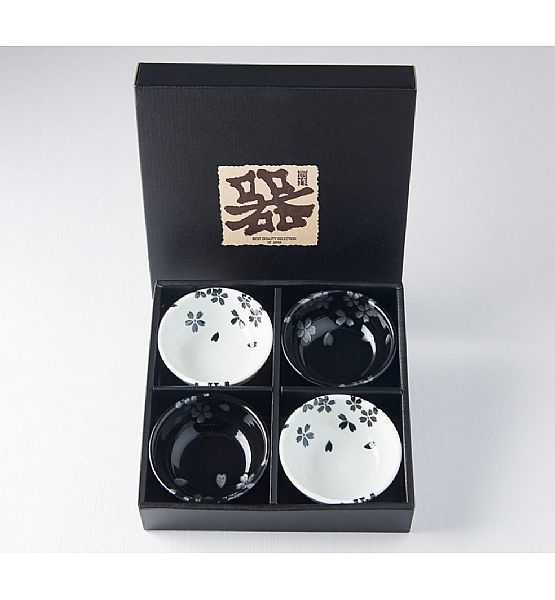 Set misek Made in Japan Black & White Sakura 4 ks, 100ml, keramika, handmade