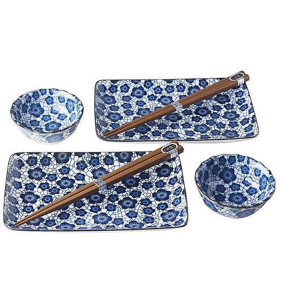 Set 2 misek a 2 talířů s hůlkami Made in Japan Blue Plum Design 6 ks, keramika, handmade