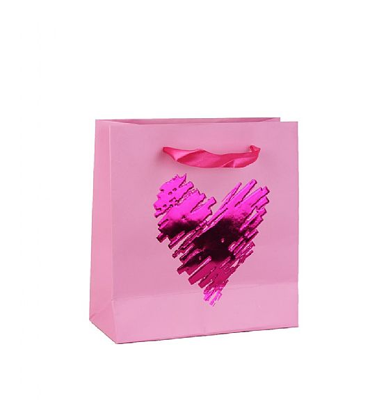 Dárková papírová taška se srdcem růžová, 20x20cm, hloubka 8cm