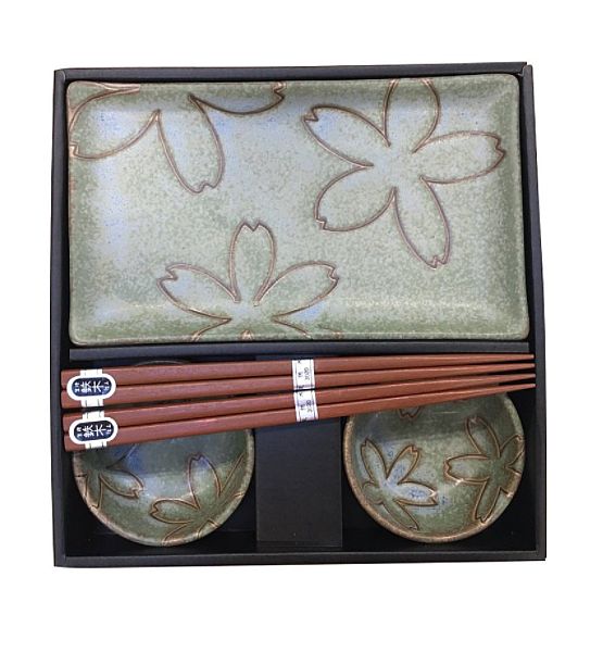 Sushi set Made in Japan Green with stylized flowers, keramika, handmade, set 4 ks