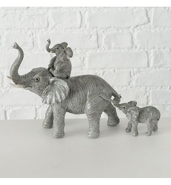 Dekorativní předmět Fanio sloní rodina, výška 19 cm, délka 30 cm, polyresin, světle šedá