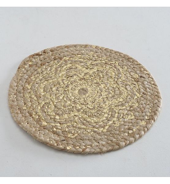 Prostírání Boltze mandala výška 1cm, průměr 33cm, juta, zlatý potisk