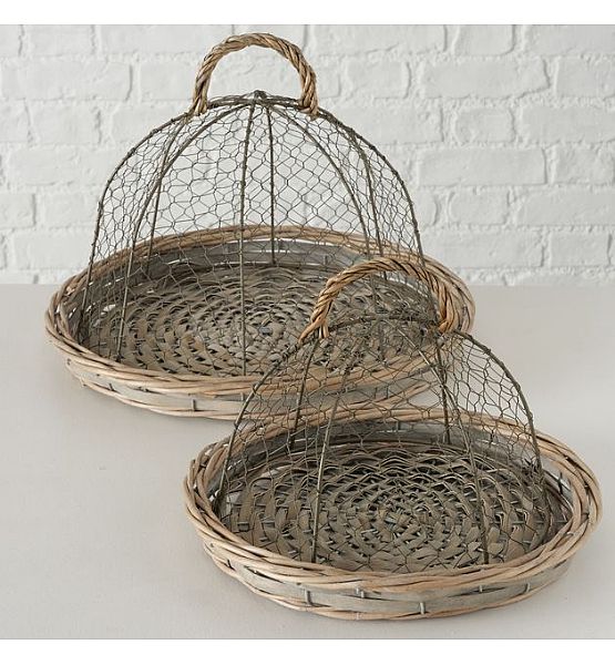 Proutěný podnos s drátěným poklopem, výška 35cm, průměr 39cm