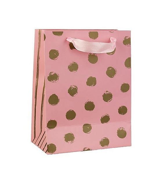 Dárková papírová taška střední 32x26x12 cm, růžovozlatý puntík