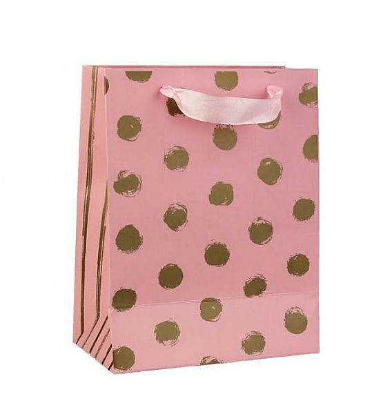 Dárková papírová taška malá 23x18x10 cm, růžovozlatý puntík