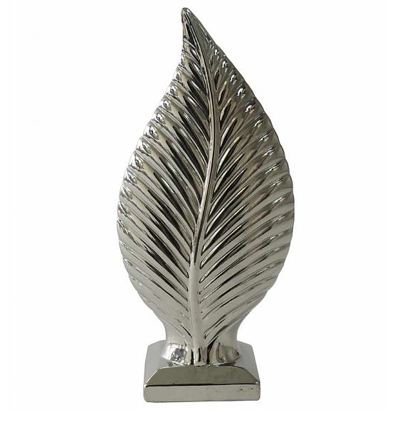 Keramická dekorace ve tvaru listu 30cm, stříbrná