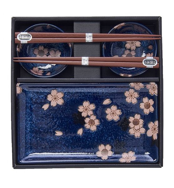 Set 2 misek a 2 talířů s hůlkami Navy with Pink Sakura Designl 4 ks , Made in Japan, keramika, handmade