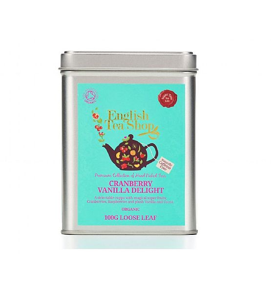 Sypaný bio čaj English Tea Shop - čaj Potěšení z brusinek a vanilky v plechové dóze, 100g ETS
