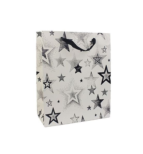 Dárková papírová taška střední 32x26x12cm, bílé hvězdy