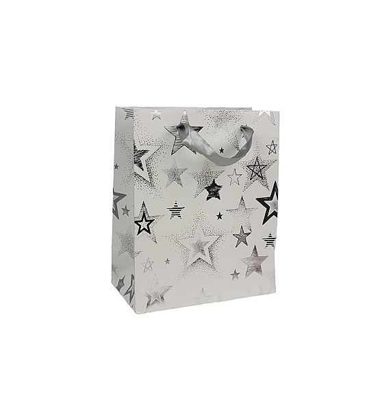 Dárková papírová taška střední 32x26x12cm, bílé hvězdy