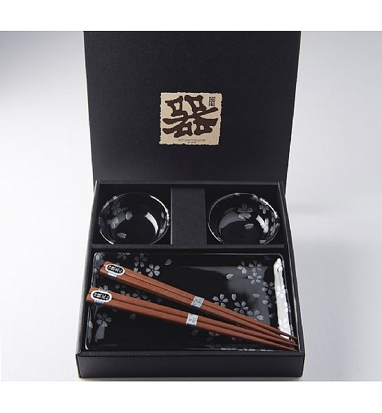 Set misek s hůlkami Made in Japan Black sakura design 4 ks, keramika, handmade