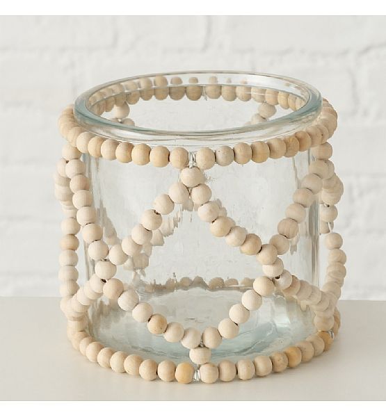 Skleněný svícen Beads výška 12cm, průměr 11cm, sklo, dřevo