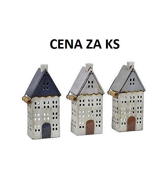 Svícen domeček na náměstí 31cm, šířka 13cm, hloubka 9cm + madlo, 3 druhy (cena za ks)