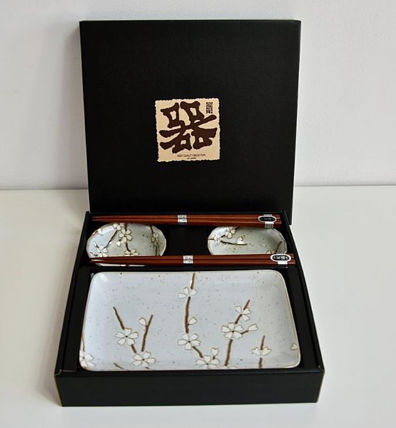 Set 2 misek a 2 talířů s hůlkami Made in Japan, White petals, 4 ks, keramika, handmade