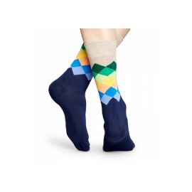 Modro-béžové ponožky Happy Socks s barevnými kosočtverci, vzor Faded Diamond-M- L (41-46)