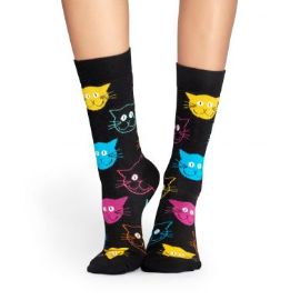 Černé ponožky Happy Socks s barevnými kočkami, vzor Cat Sock, S-M (36-40)