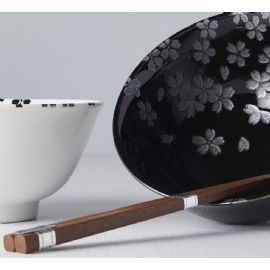 Set misek s hůlkami Made in Japan Black & White Sakura 2 ks, keramika, handmade