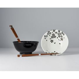 Set misek s hůlkami Made in Japan Black & White Sakura 2 ks, keramika, handmade