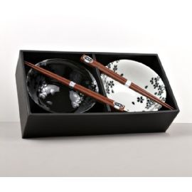 Set misek s hůlkami Made in Japan Black & White Sakura 2 ks, keramika, handmade