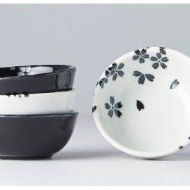 Set misek Made in Japan Black & White Sakura 4 ks, 100ml, keramika, handmade