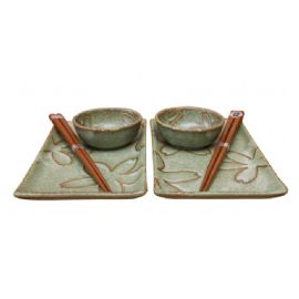 Sushi set Made in Japan Green with stylized flowers, keramika, handmade, set 4 ks