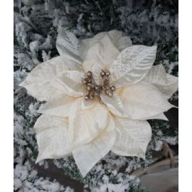 Květ vánoční hvězdy s klipem 17cm, samet, krémová
