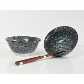 Set misek s hůlkami Made in Japan Geometric Flower On Grey 2 ks, 500ml, keramika, handmade