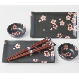 Set 2 misek a 2 talířů s hůlkami Made in Japan Black Sakura 4 ks, keramika, handmade