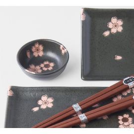 Set 2 misek a 2 talířů s hůlkami Made in Japan Black Sakura 4 ks, keramika, handmade