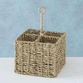 Proutěný dekorační košík na příbory Elstra, výška 14cm, s uchem 28cm, šířka 17cm, kov, tráva natural